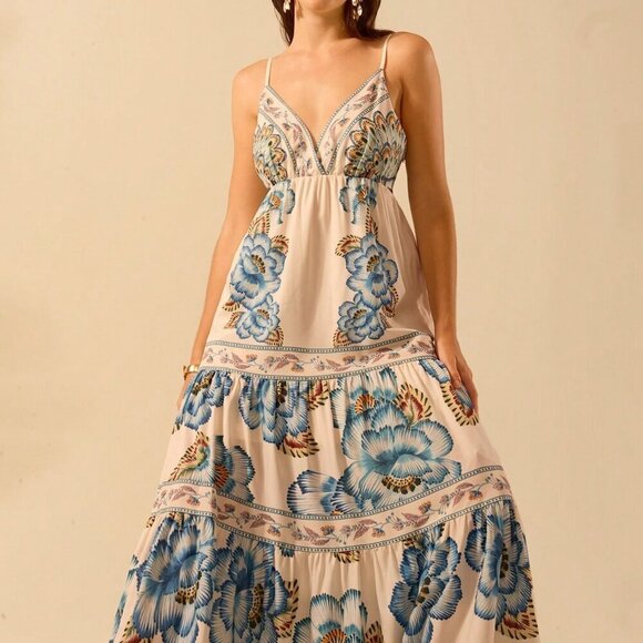 Multicolor Boho Women's Tropical Print V-Neck Long Camisole Dress Beach Dress - Picture 3 of 8